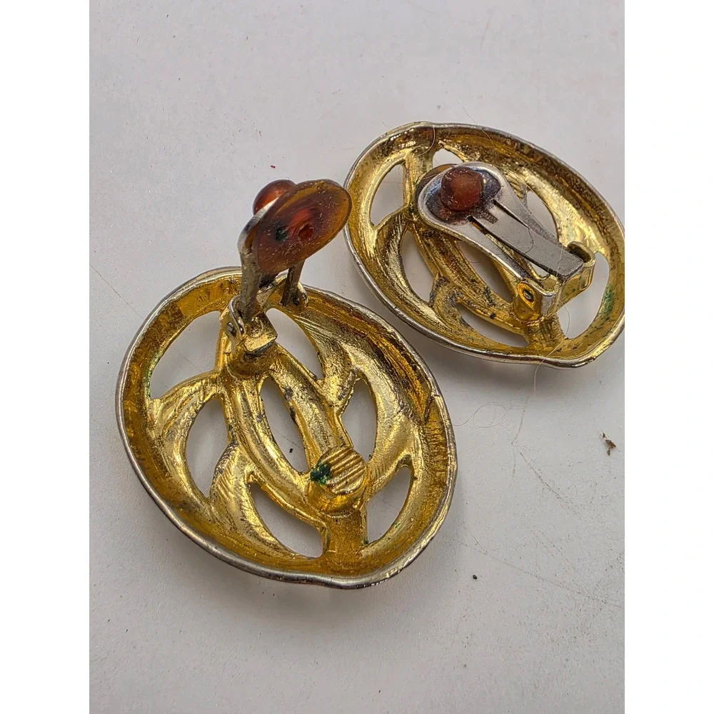 Vintage Gold Tone Abstract Openwork Oval Clip On Earrings Statement Jewelry